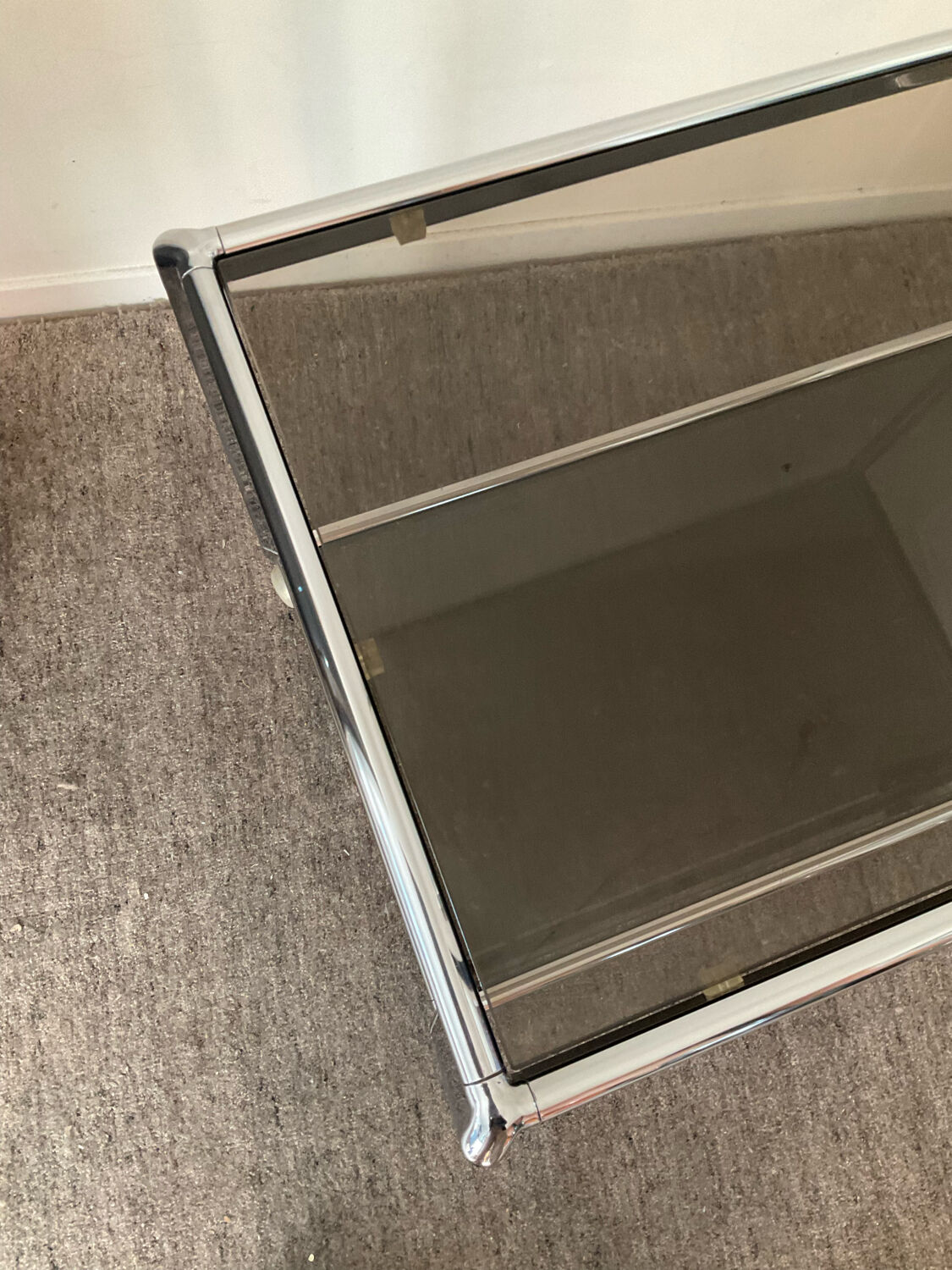 Vintage coffee table 70s chrome and smoked glass