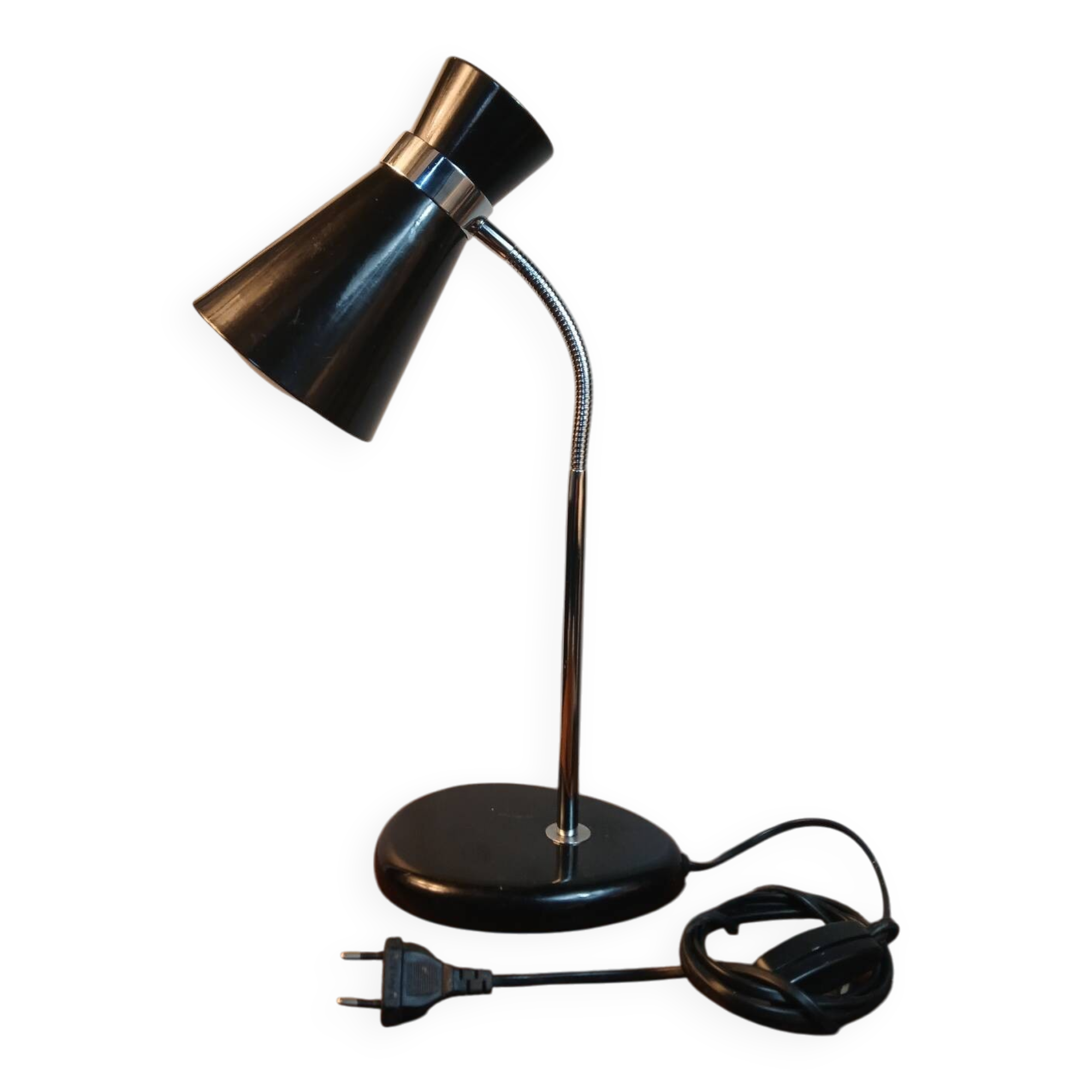 Lampe de bureau Diabolo noire et chrome 1970/80, socle rond, col flexi