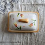 Beurrier vintage en faïence et barbotine tulipes