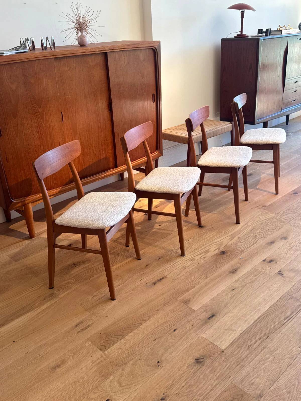 4 vintage Scandinavian "Freya" chairs in natural linen boucle.