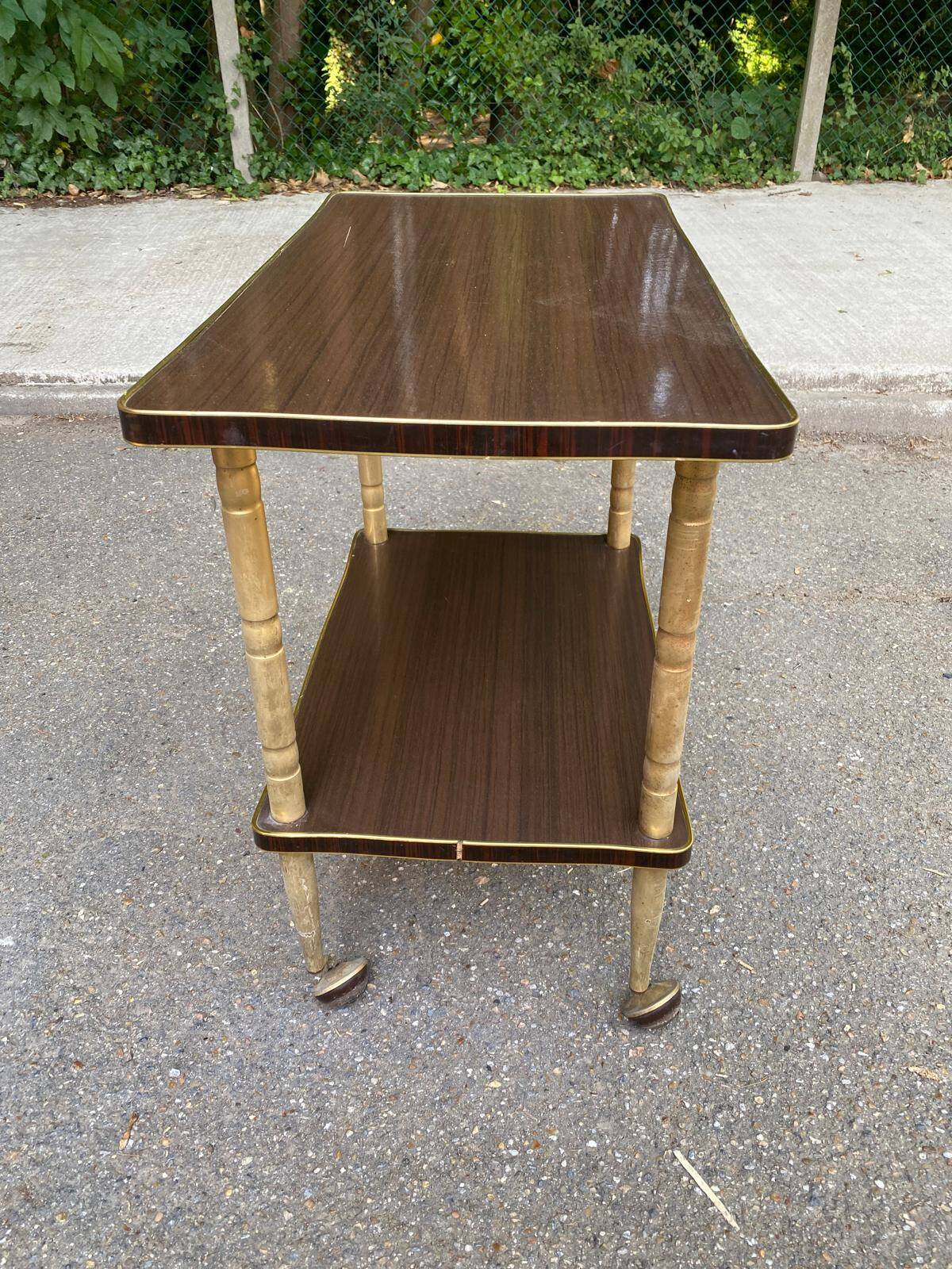 Double-tray rosewood serving trolley on gilded casters, 1970
