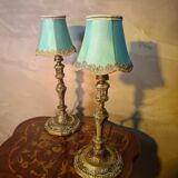 pair of chiselled bronze bedside lamps from 1900, silk shade and trim style