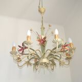 Italian vintage metal chandelier with 8 lights, Mathias bouquet, pink flowers.