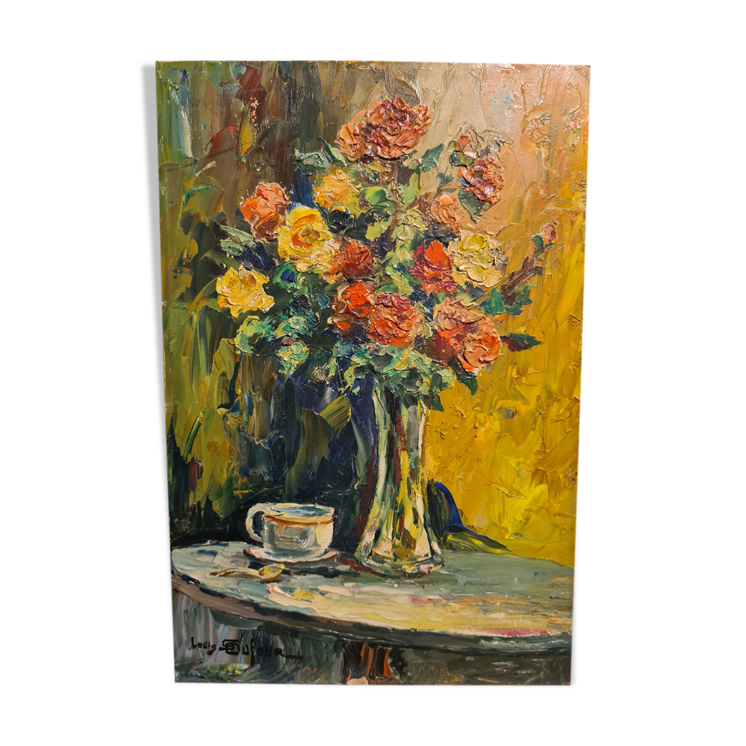 Bouquet of roses in a vase, oil by Louis Dufour