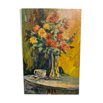 Bouquet of roses in a vase, oil by Louis Dufour