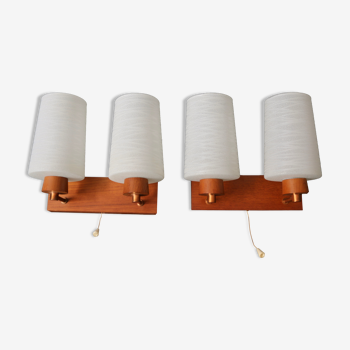 Pair of vintage Scandinavian wall lamps in teak and opaline 1960