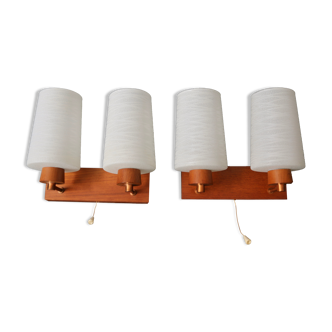 Pair of vintage Scandinavian wall lamps in teak and opaline 1960