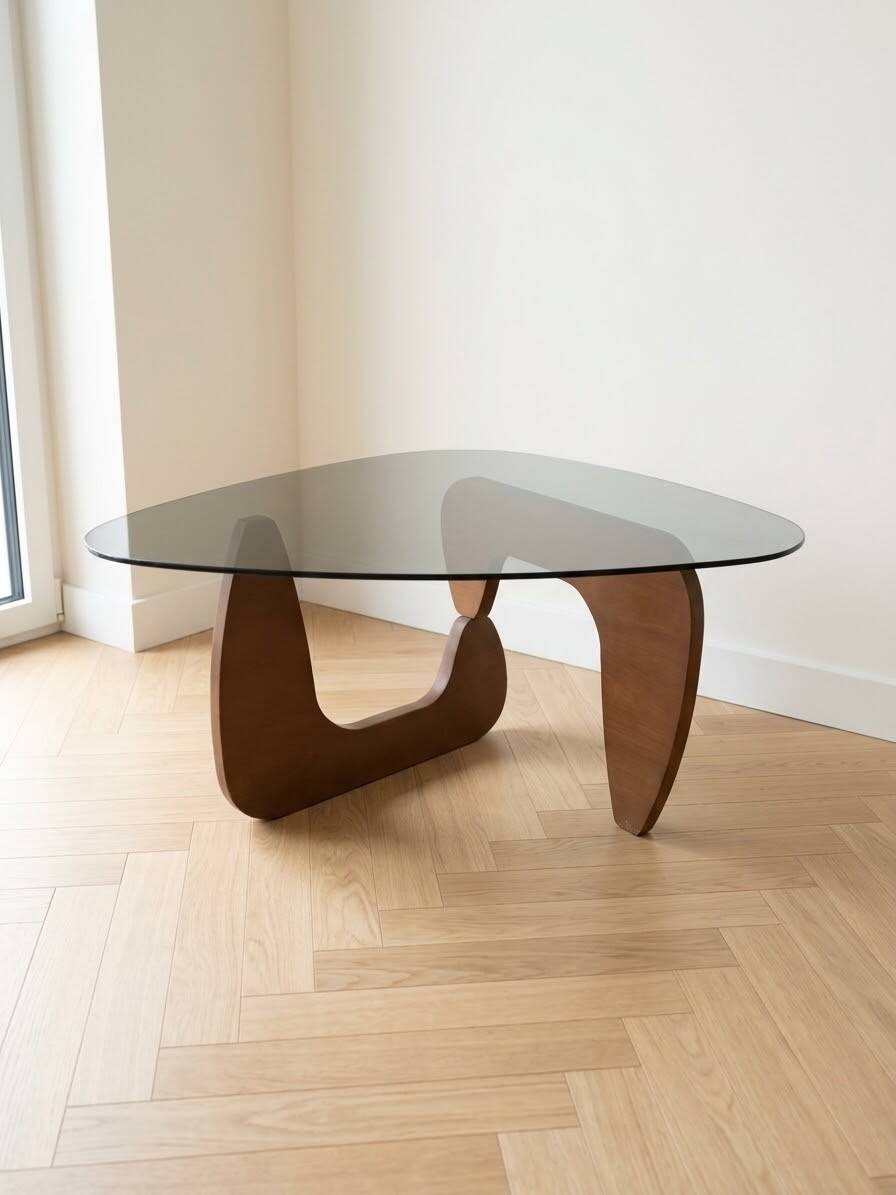 Vintage organic coffee table in smoked glass and walnut.