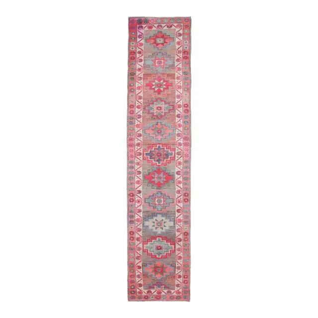Vintage Turkish Oushak Handmade Wool Cotton Pink Runner 85x387