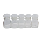 Lot de cinq pots d'apothicaire en verre transparent