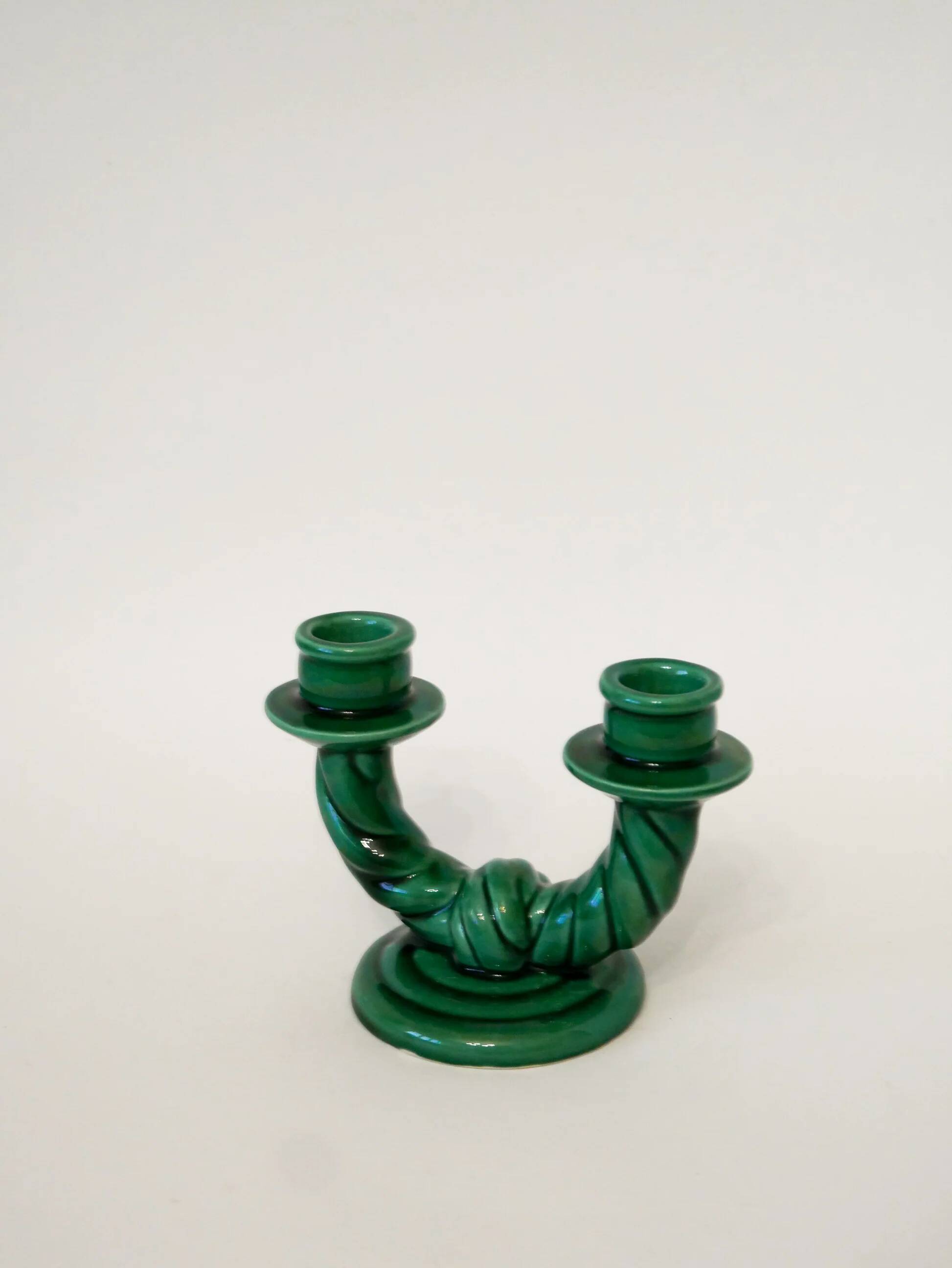Pair of twisted green ceramic double candlesticks, 1960.
