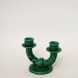 Pair of twisted green ceramic double candlesticks, 1960.