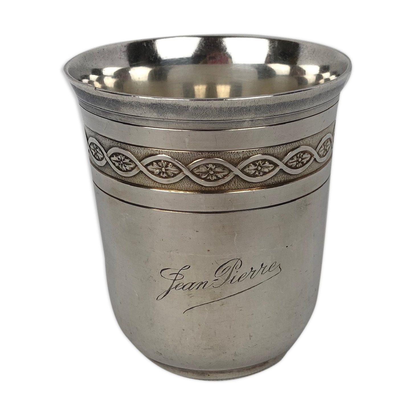 Timbale Christofle vintage silver metal, engraved Jean-Pierre, 1950