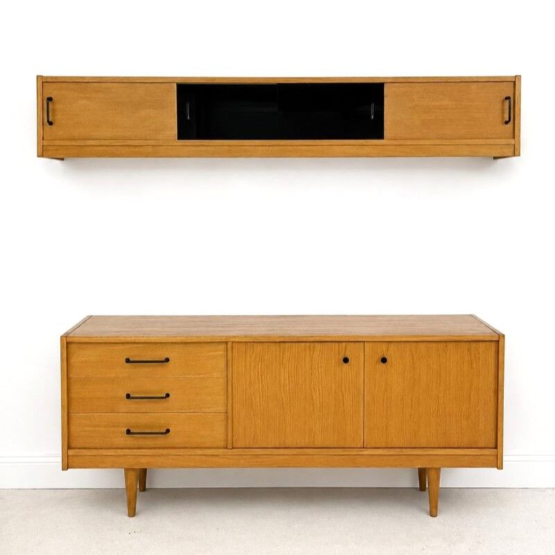 Vintage low sideboard set with matching wall unit.