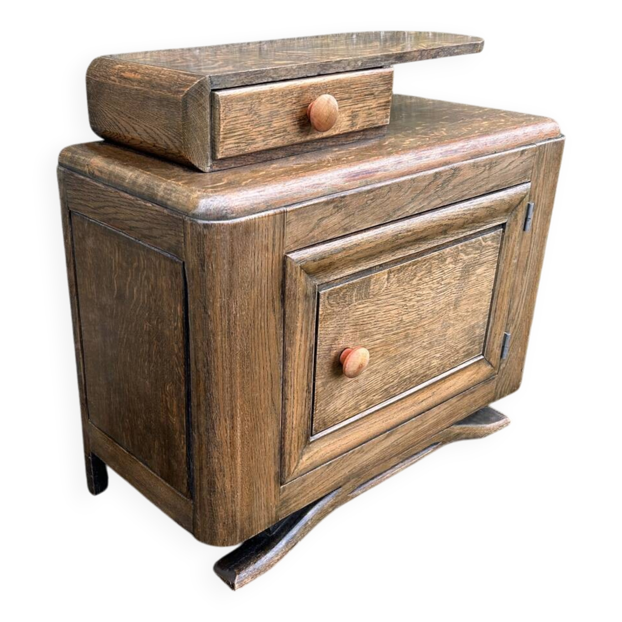 Art Deco bedside table, oak, moustache legs, 1930s