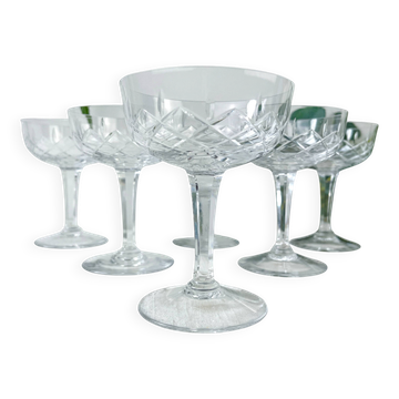 6 vintage cut crystal champagne coupes – Lorraine Lemberg Glassworks - original label - 1950s–1970s