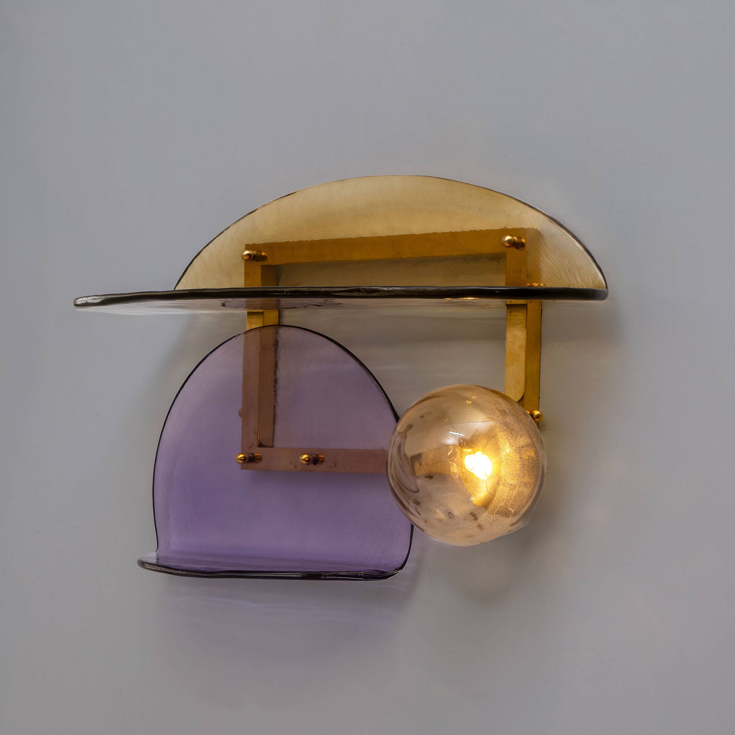 Architectural Pair of Sculptural Murano Glass and Brass Wall Sconces, Italy