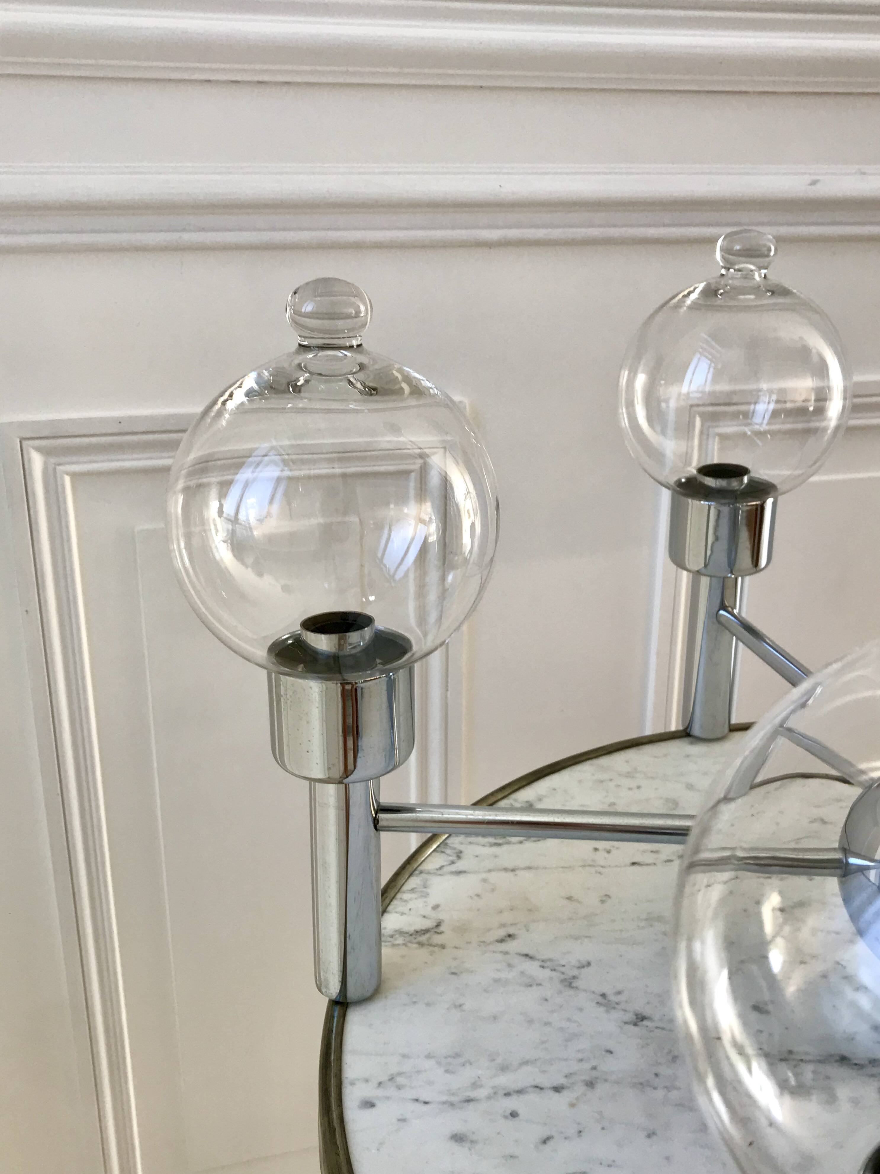 suspension design en chrome et boules en verre 5 feux Space Age années 70