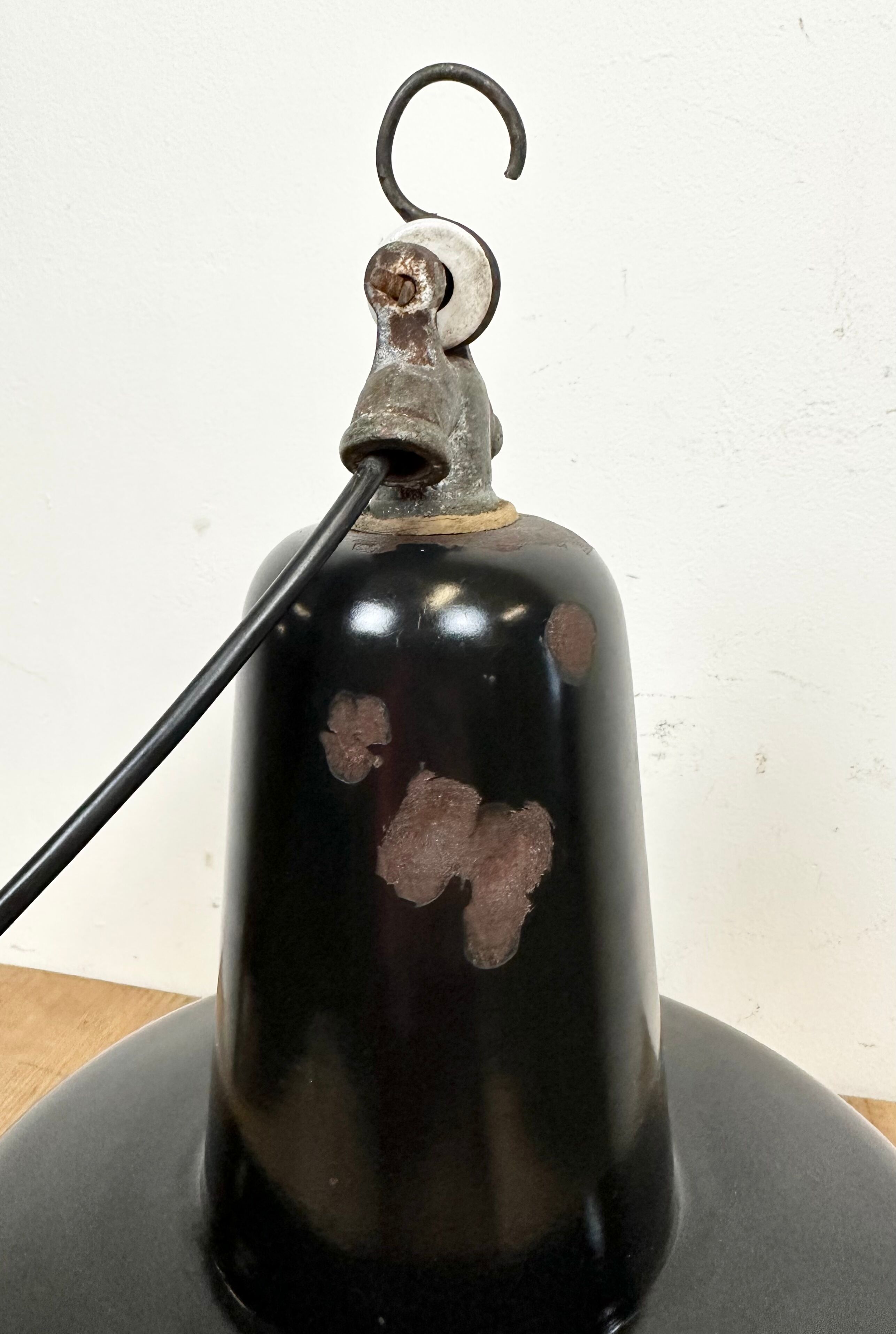 Industrial Black Enamel Factory Lamp with Cast Iron Top, 1950s