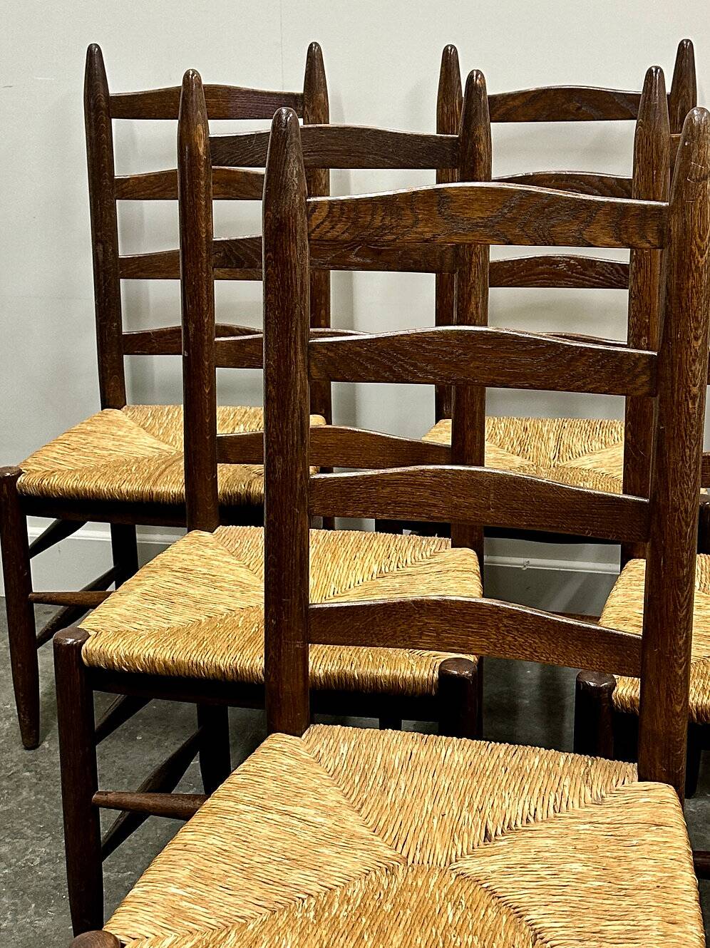 Set of 6 French primitive oak dining chairs