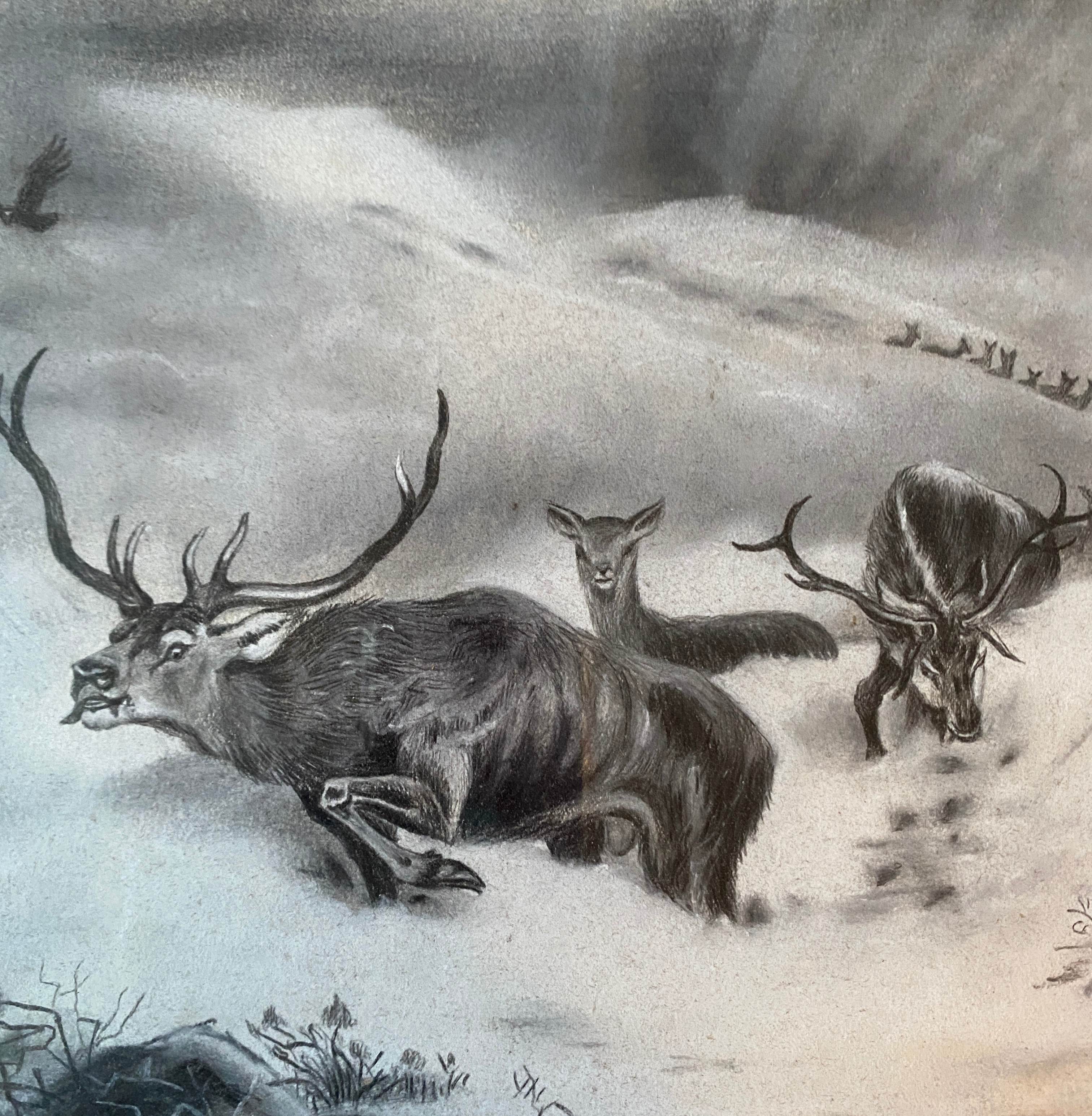 Painting Drawing "Deer in the snow" circa 1910 Gallery New York