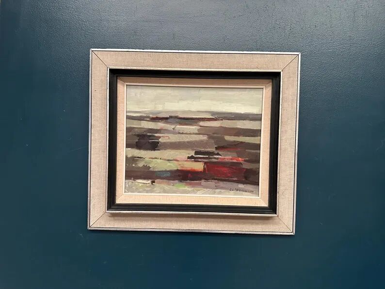 Original Swedish Oil on Panel – “Field Patches” by Evert Färhm (1901–1971) – Signed – 1968 – Vintage & Framed – 61 × 53 cm (24" × 20.9")