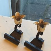 Set of two candlesticks, in the shape of flowers, tulips in black and gold metal, vintage