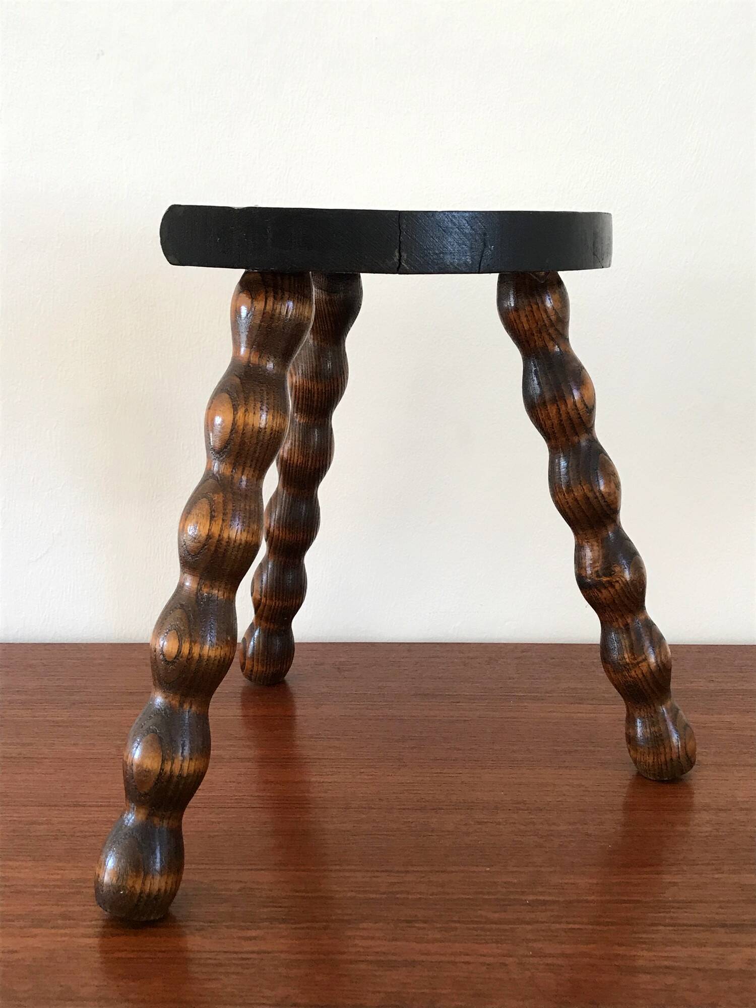 Vintage solid wood tripod stool from the 70s