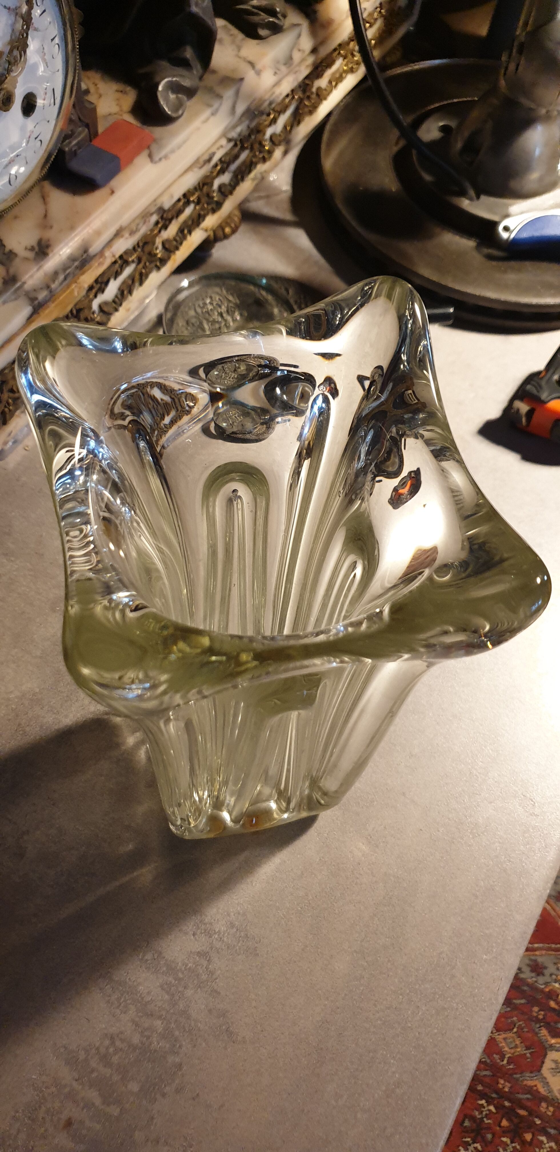Thick molded glass vase, 50s