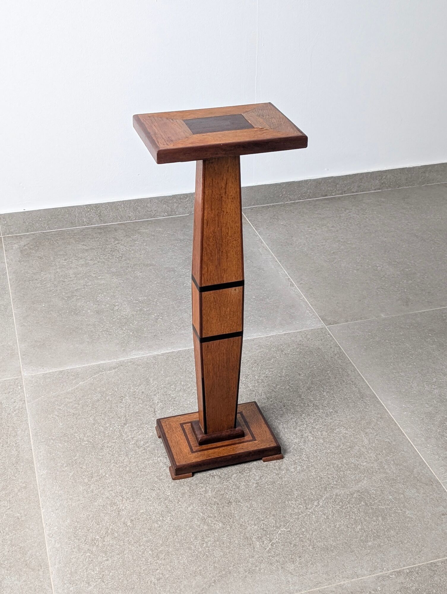 Art Deco pedestal column in wood with geometric marquetry, France, 1920s