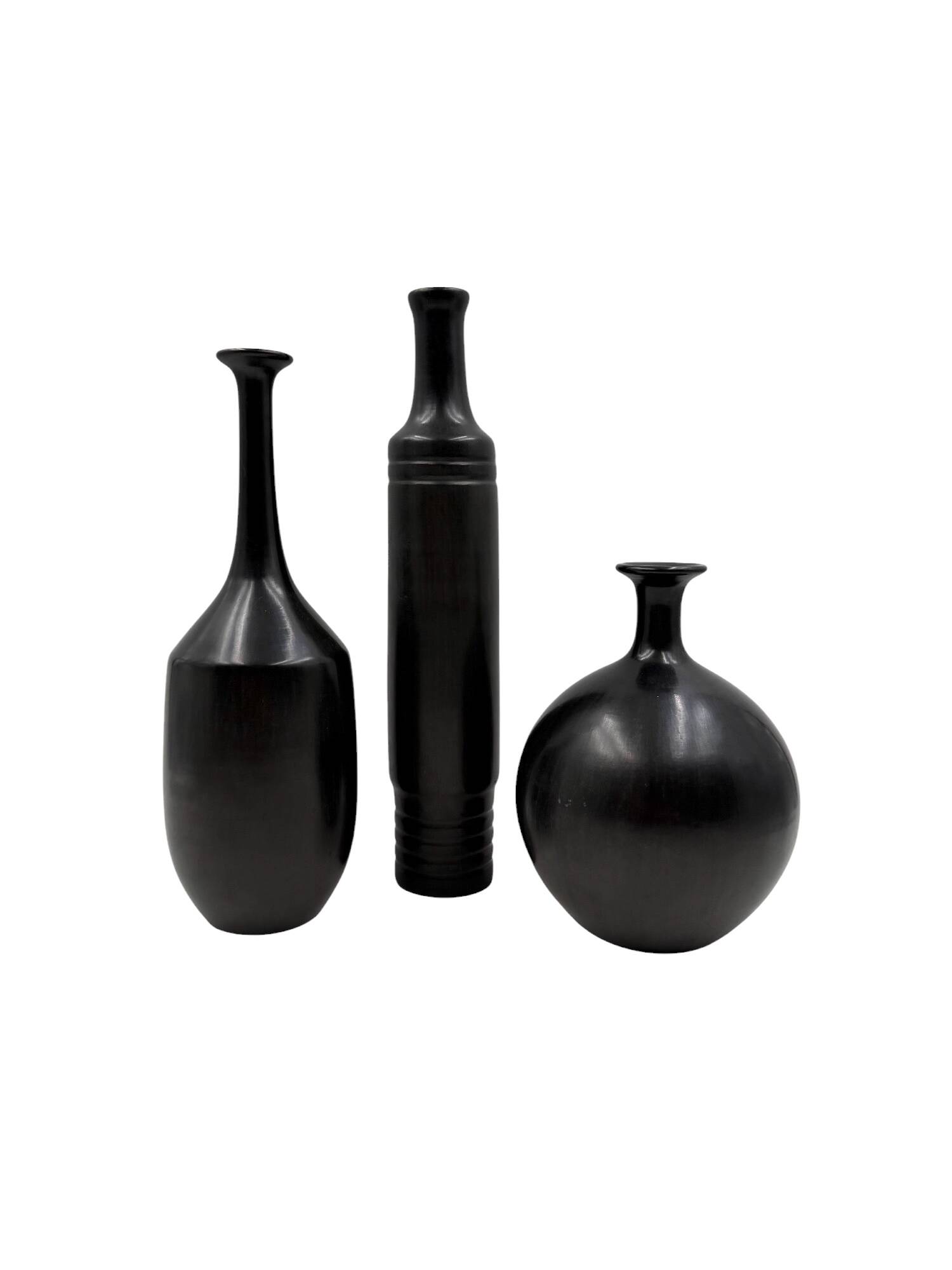 Mid-century set of 3 black bucchero ceramic vases, Sebastiani Italy 1960s