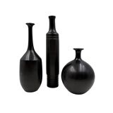 Mid-century set of 3 black bucchero ceramic vases, Sebastiani Italy 1960s