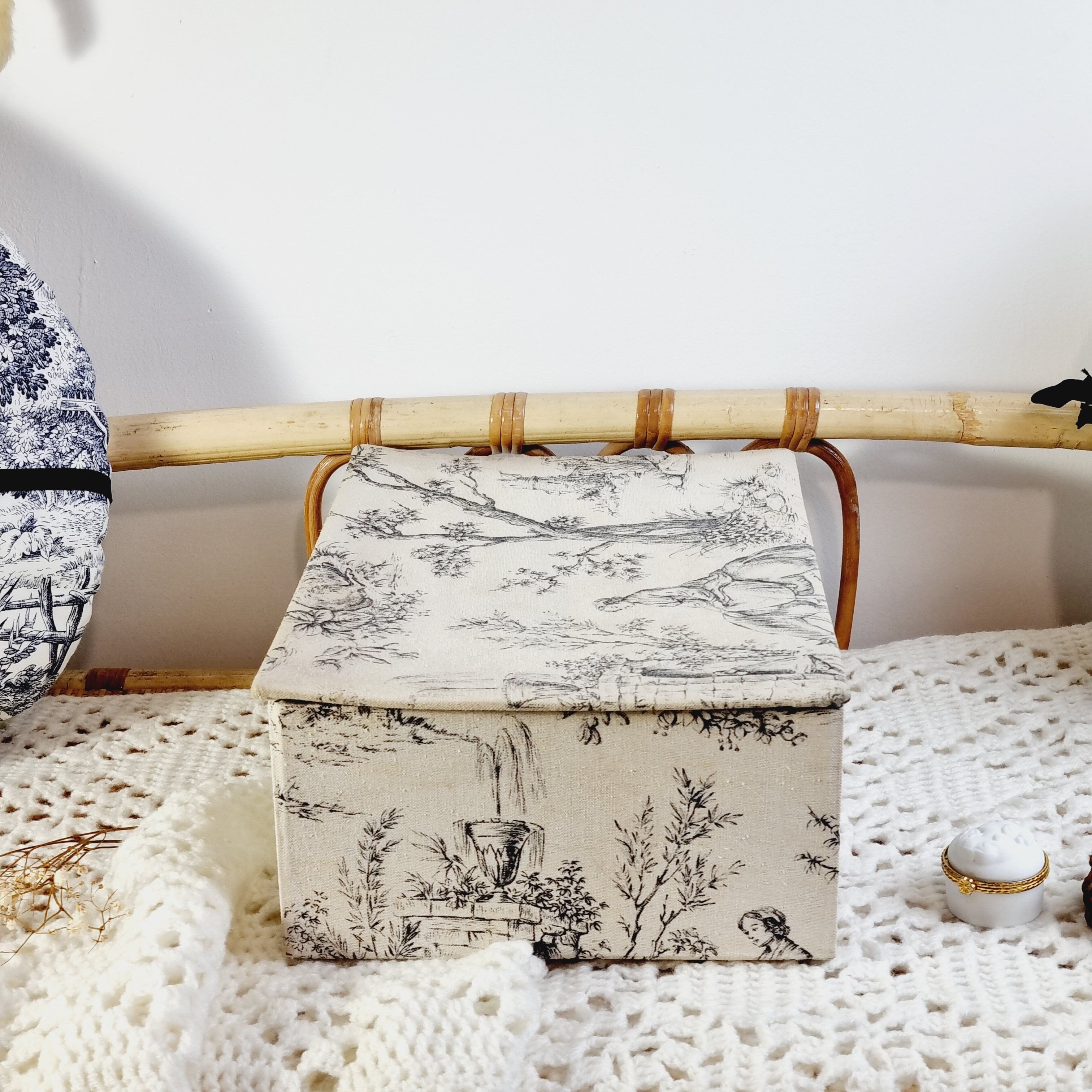 Large antique box made of toile de jouy