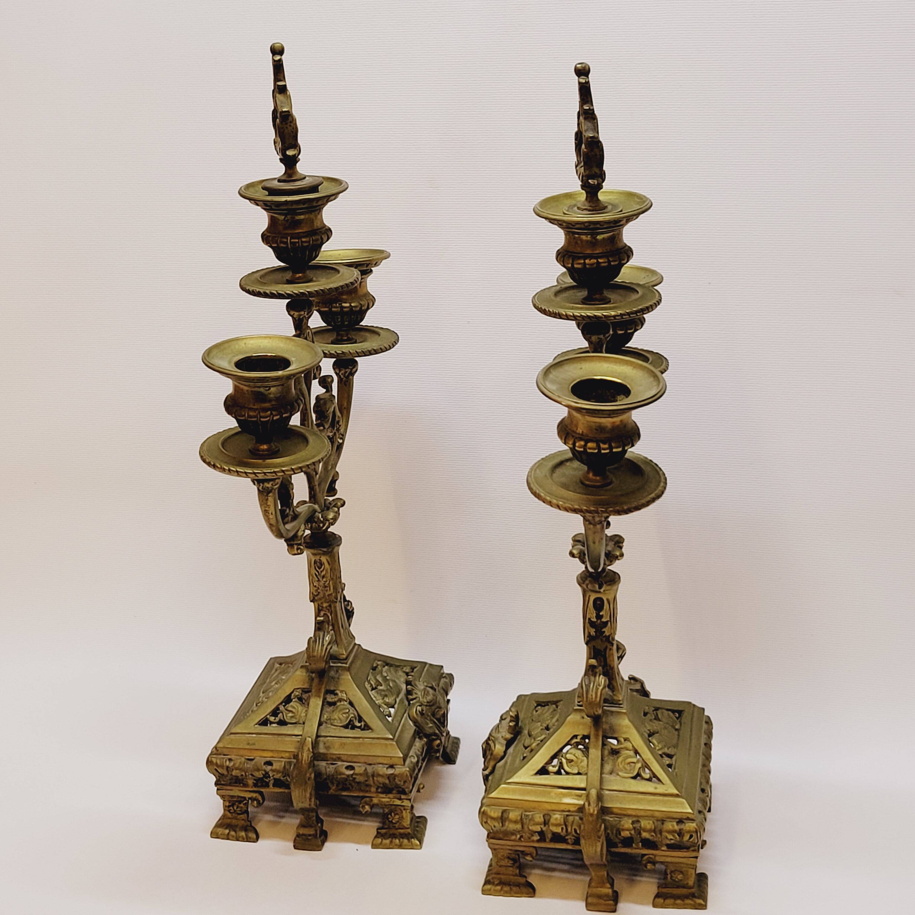 Old pair of 3 branched brass candlesticks
