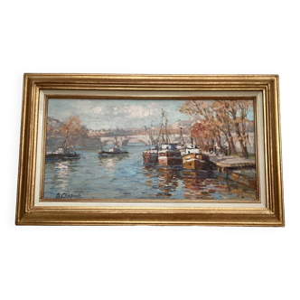 Oil painting on canvas signed “Péniche sur Seine à Paris” dimension: height-43cm- width-73cm-