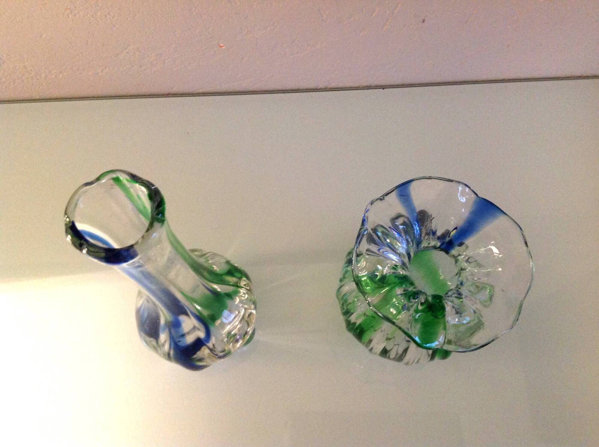 Pair of soliflore vases in polychrome ribbed glass / vintage 60s-70s