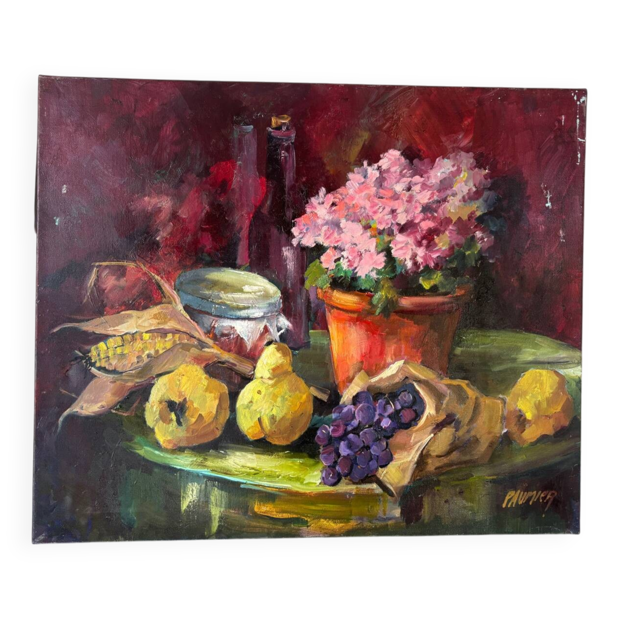 Oil on canvas Azalea grapes and pears signed Paumier