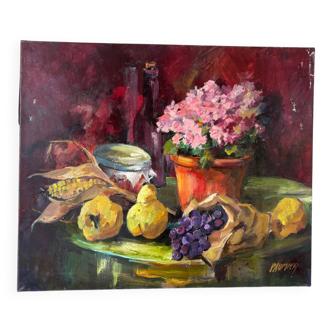 Oil on canvas Azalea grapes and pears signed Paumier