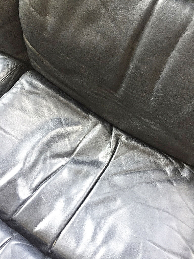 Danish sofa and armchairs curved wood and leather