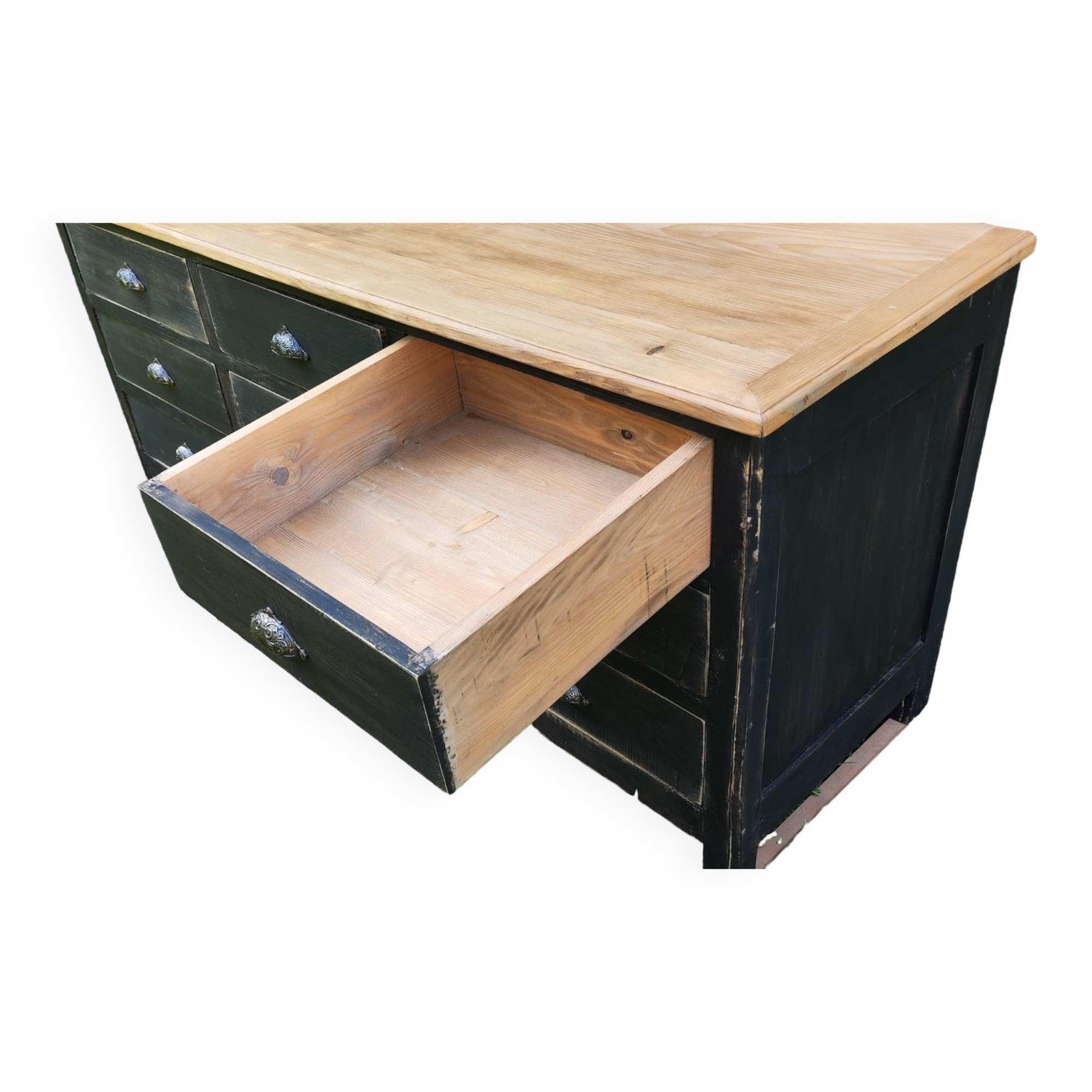 Old trading counter nine drawers black patina trade furniture