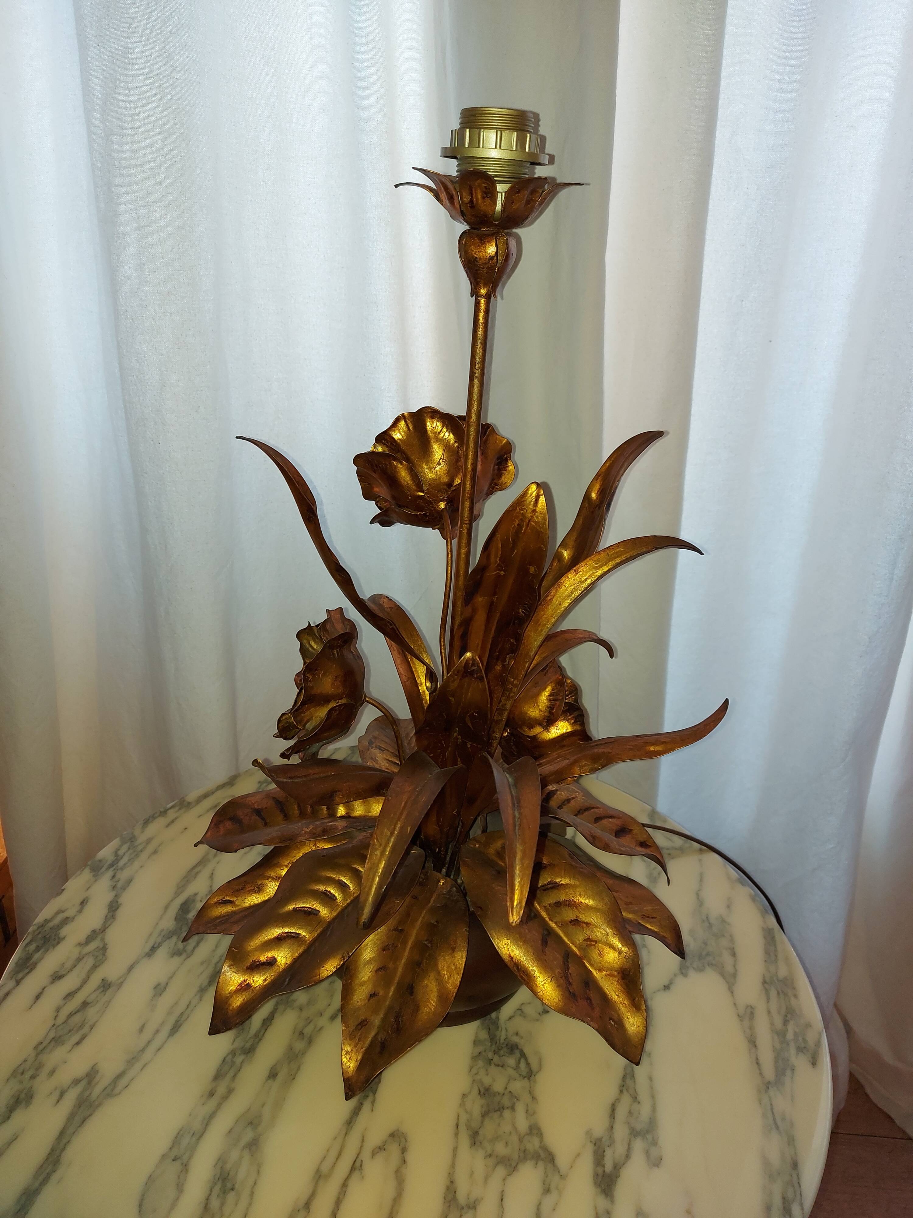 Large lamp, bouquet of vintage anemone flowers, gold metal, Hans Kogl