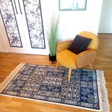 Handcrafted oriental blue and white rug Tunisia vintage fringes
