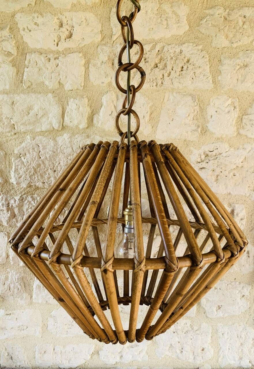Large vintage pendant light in bamboo and rattan, circa 1960's