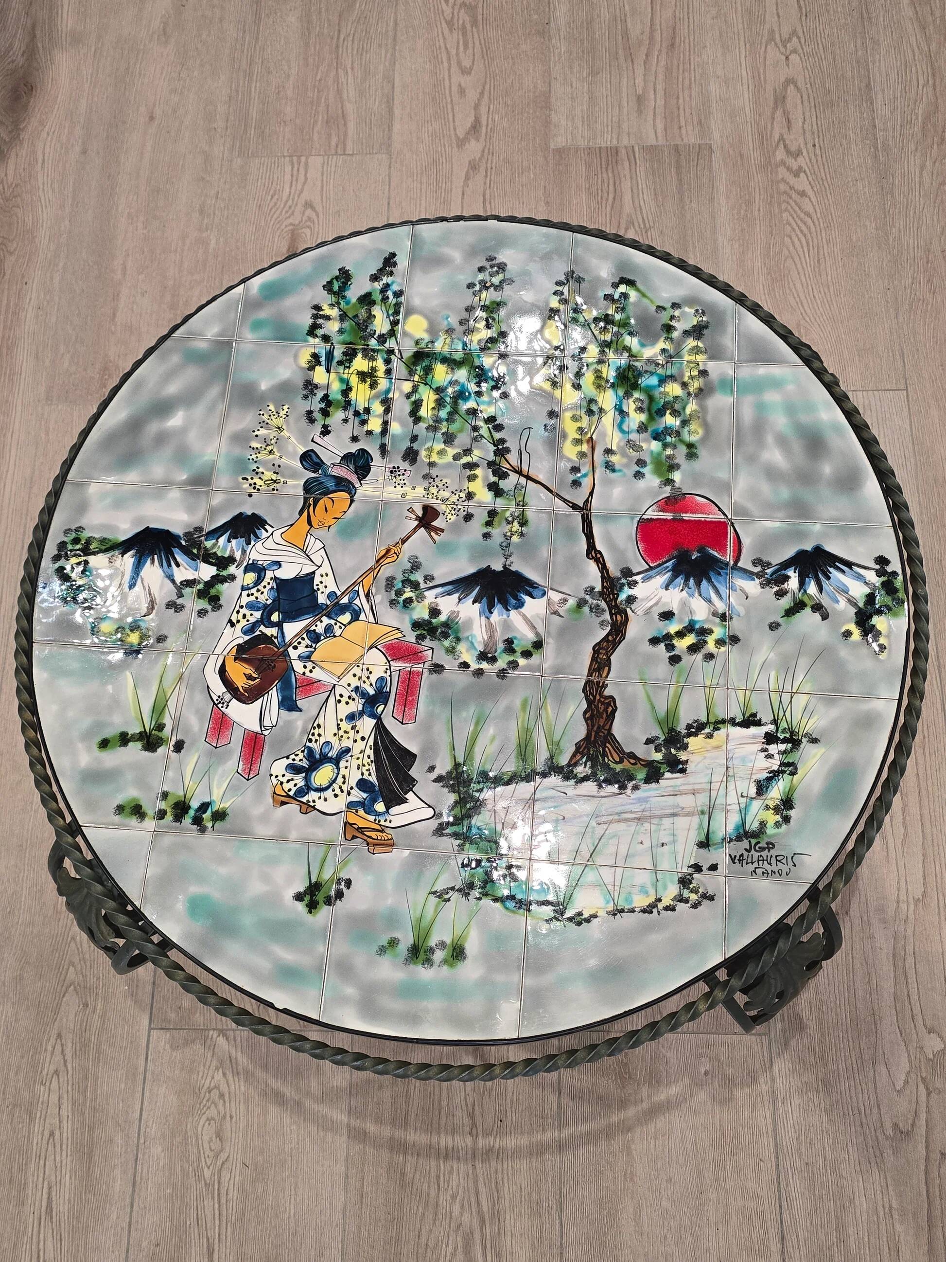 Vintage coffee table J&G Picard Vallauris – Glazed ceramic top with Japonese-style decoration