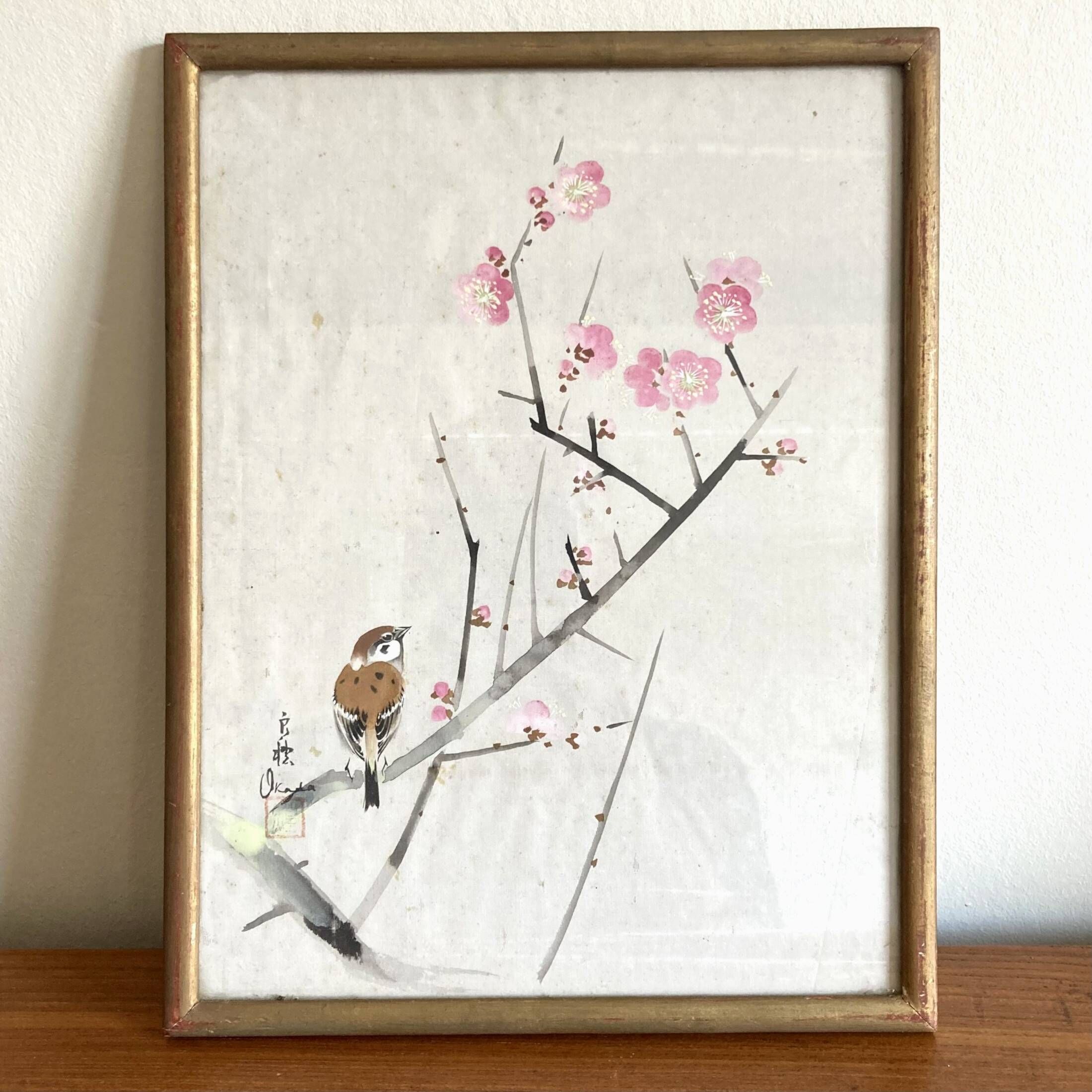 Small Japanese painting birds and cherry blossom Okada vintage old watercolor