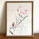 Small Japanese painting birds and cherry blossom Okada vintage old watercolor