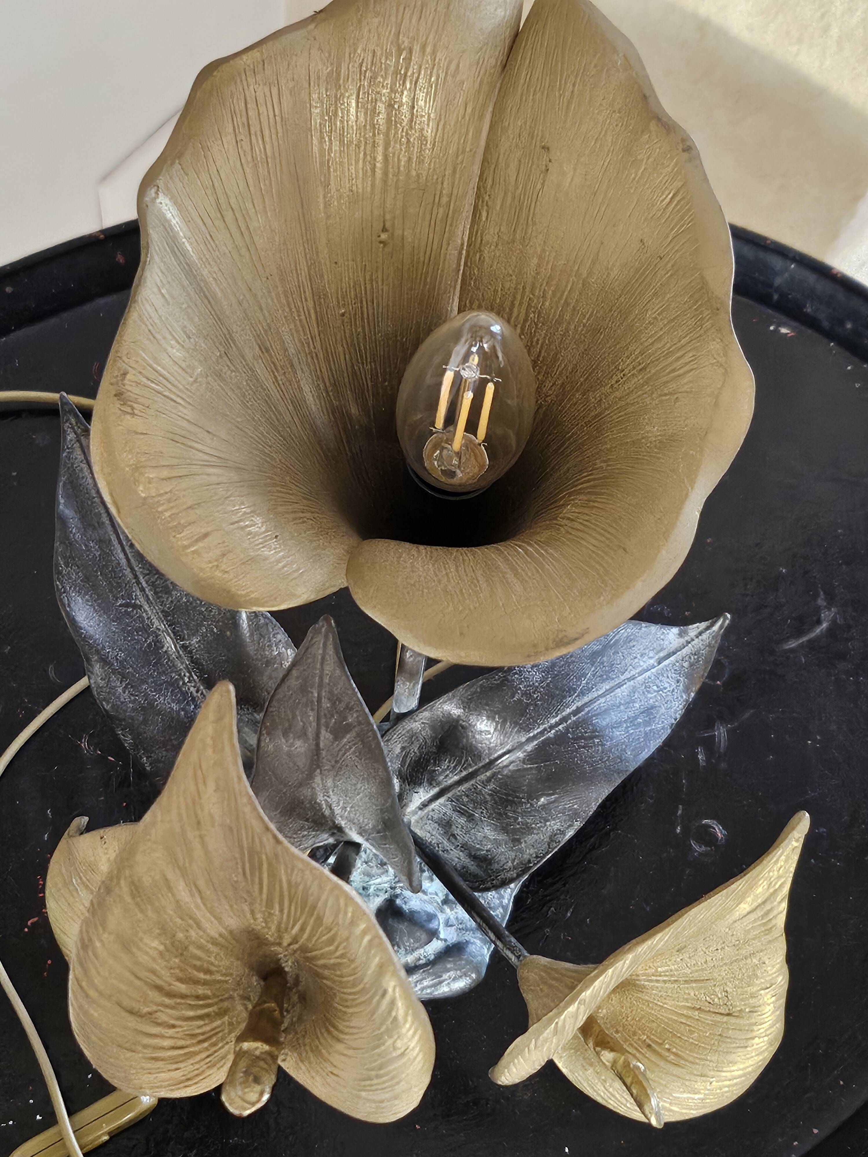 Metal sculpture lamp with golden calla lilies – 1970s