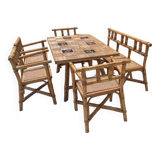 Complete Rattan and Ceramic Dining Room Set Attributed to Audoux Minnet, 1960s