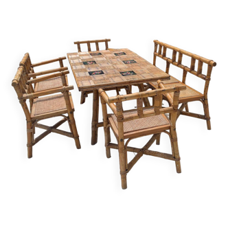 Complete Rattan and Ceramic Dining Room Set Attributed to Audoux Minnet, 1960s