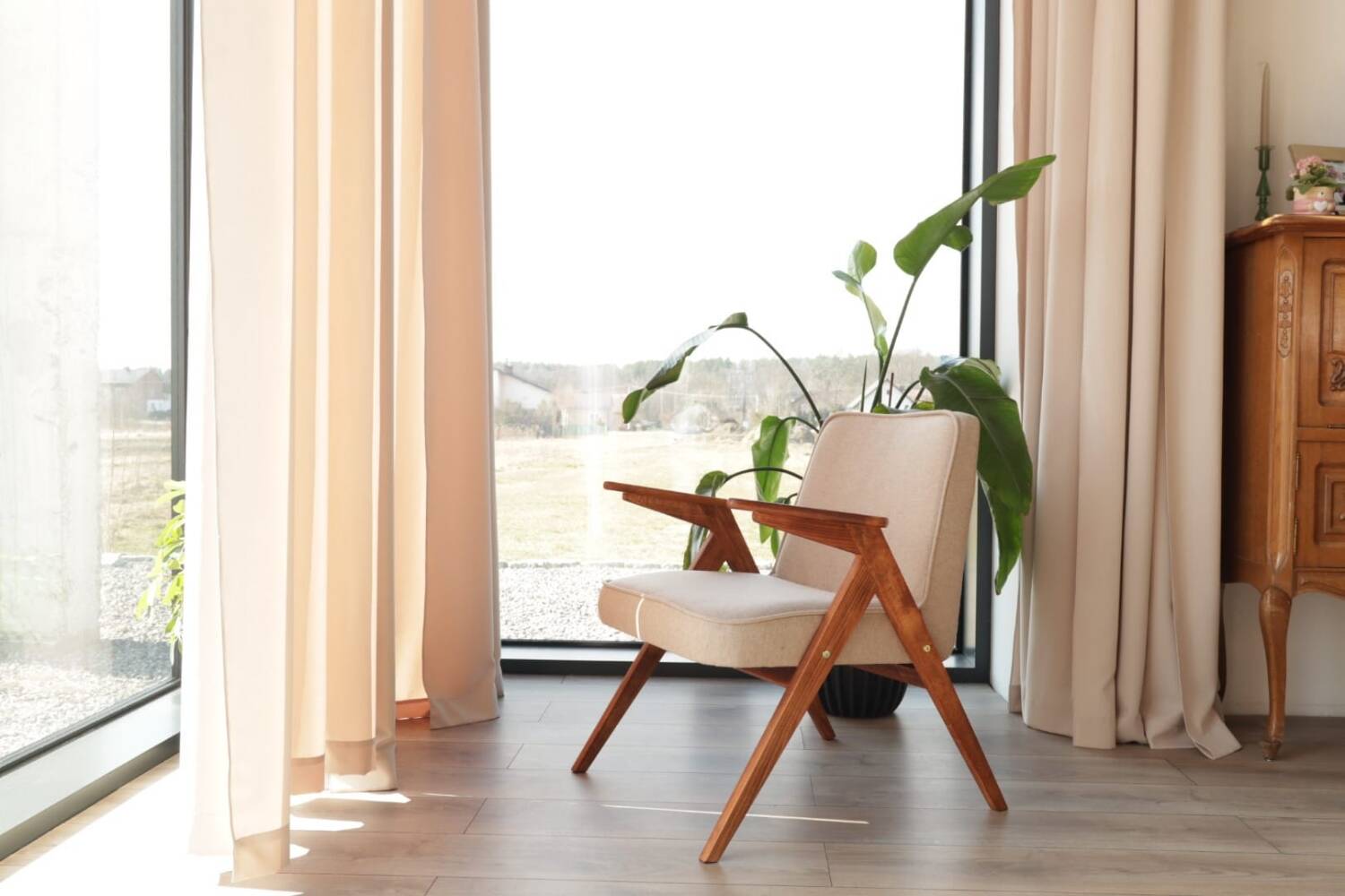 Vintage Lounge Chair Beige Wool Upholstery